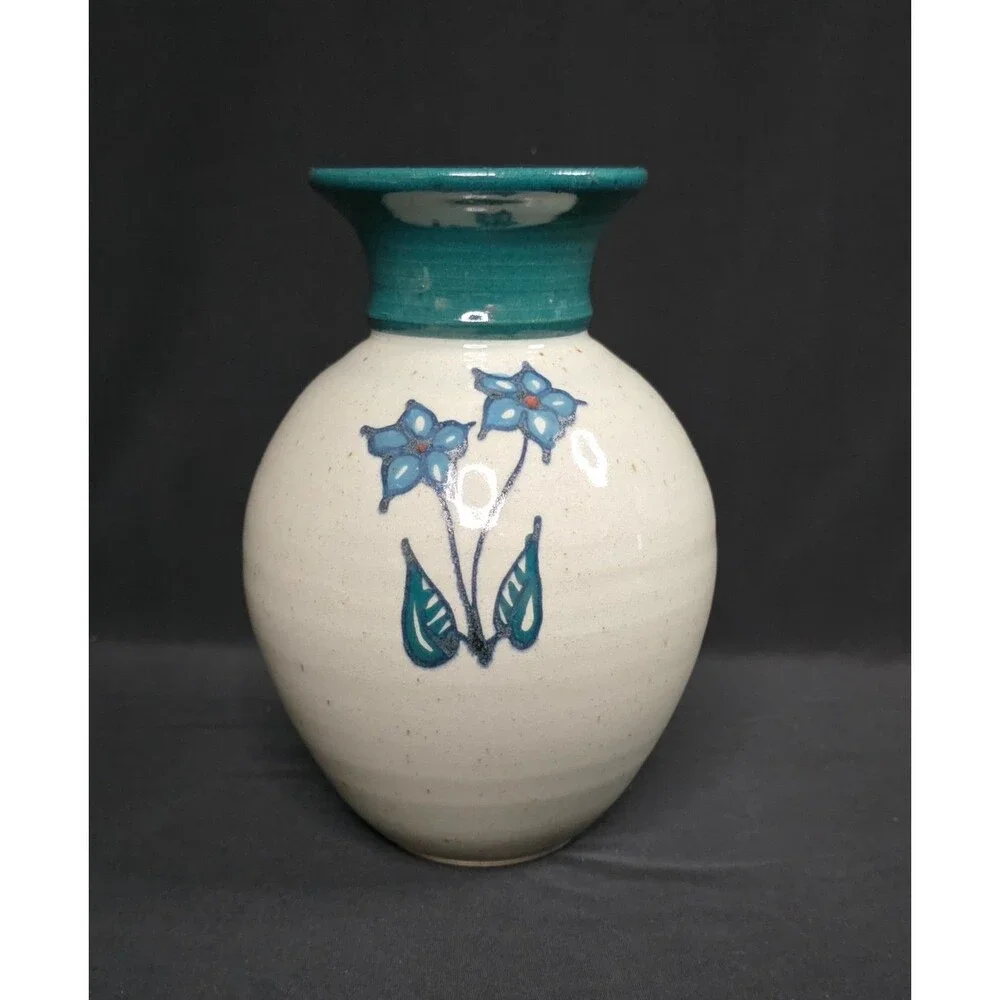 Hand Thrown Studio Pottery Vase Gray & Teal Blue Floral Stoneware Signed 6.75